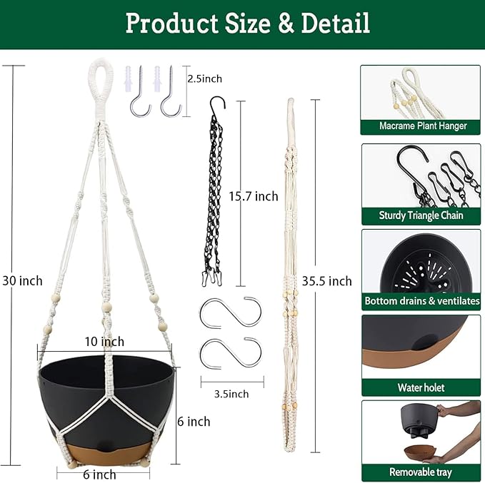 Hanging Planter Self Watering 10 Inch, 2 Pack Indoor Outdoor Hanging Baskets, Hanging Flower Pots with Drainage Hole & 2 Kinds of Plant Hangers for Garden Home Decor(Grey)…