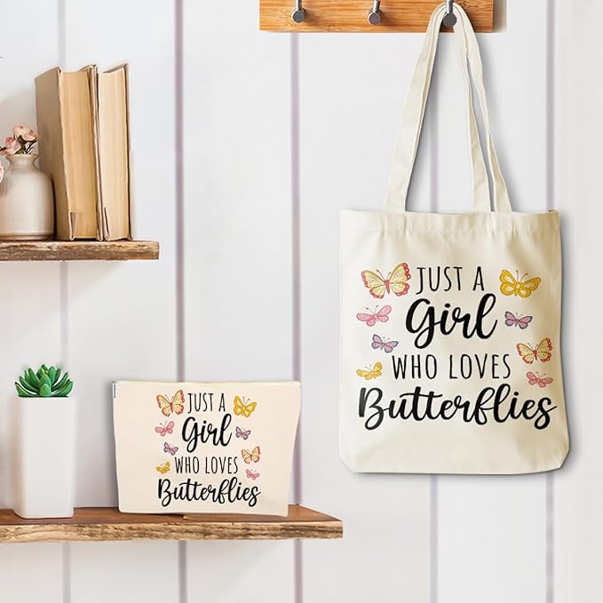A Girl Loves Butterflies, Butterfly Decor Stuff Accessories, Butterfly Gifts for Women, Cute Canvas Tote Bag Makeup Bag for Women Friend Birthday Weekender Wedding Beach Shopping Mothers Day Christmas