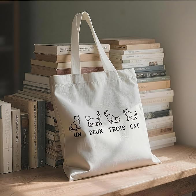 Funny Canvas Tote Bag, Un Deux Trois Cat Tote Bag, Casual Canvas Totes for Work Traveling, Reusable Grocery Shoulder Shopping Bags, Christmas Gifts to Women Friends
