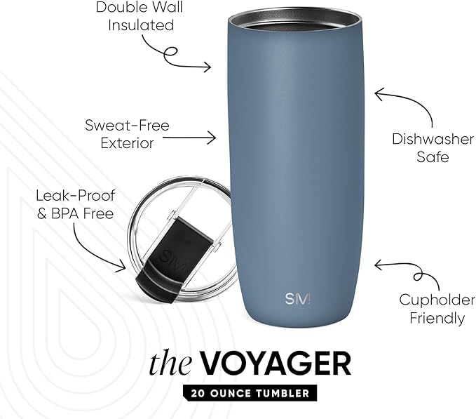 Simple Modern Travel Coffee Mug Tumbler with Flip Lid | Reusable Insulated Stainless Steel Cold Brew Iced Coffee Cup Thermos | Gifts for Women Men Him Her | Voyager Collection | 20oz | Blue Dune