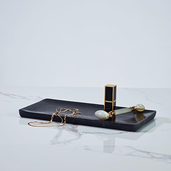 Black Marble Tray for Bathroom, Organic Natural Texture Catchall Tray for Dresser, 12 x 6 x 0.75 Inch Rectangle Elegant Jewelry Storage Platter, Marble Countertop Organizer for Home Decor