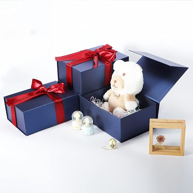 4 Pack 9.5x7x4 Inches Gift Boxes with Magnetic Closure Lids, Blue Magnetic Box for Wedding, Groomsmen Bridesmaid Proposal, Birthdays, Mother's Day