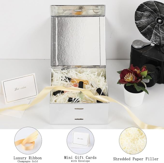 BoxSkivra Silver Gift Box with Ribbon 1 Pack 6X6X3 Inch Small Gift Box with Lid Magnetic Closure Rectangle Collapsible Luxury Gift Box for Wedding Gifts、Shredded Paper Filler & Card