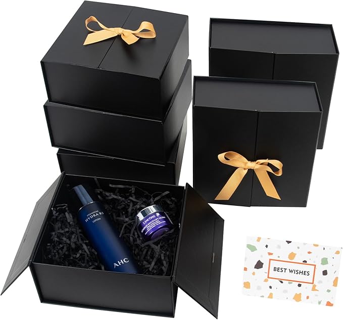 CHARMGIFTBOX 7x7x3 Inch Gift Boxes with Lids, Small Black Gift Box 6 Pack with Ribbon Card Fancy Gift Wrap Boxes for Anniversary Groomsmen Proposal Weddings Boyfriend Father's Day