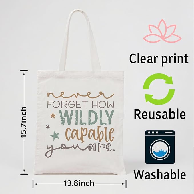 Funny Canvas Tote Bag, Never Forget How Wildly Capable You Are Tote Bag, Inspirational Canvas Totes for Work Traveling, Reusable Grocery Shoulder Shopping Bags, Christmas Gifts to Women Friends