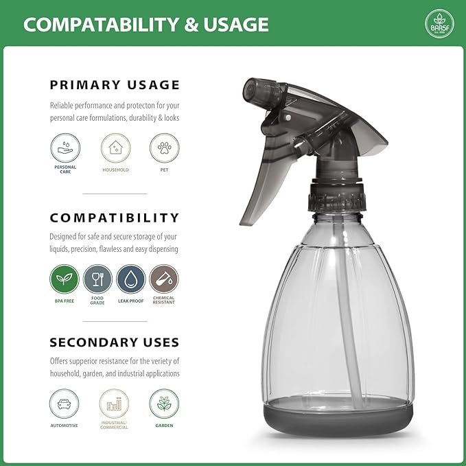 Bar5F Plastic Spray Bottle, 12 oz | Leak Proof, Empty, Trigger Handle, Adjustable Fine to Stream, Refillable, Hair Salons & Spas, Household Cleaners, Cooking | Smoke Grey (1)