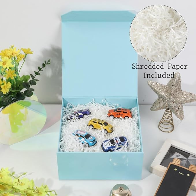 1 Pcs Small Blue Gift Box 8x8x4 Inch Magnetic Gift Box with Crinkle Paper Luxury Gift Boxes with Lids for Presents