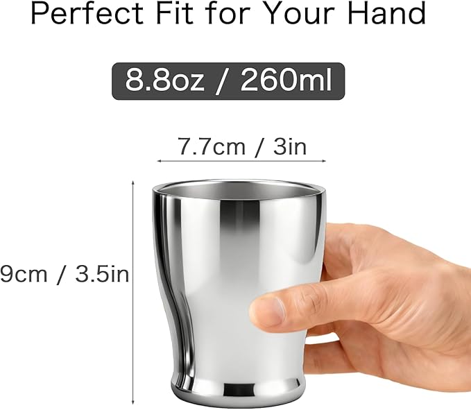2-Pack Double Wall Stainless Steel Insulated Cups, 8.8oz (260ml), Hot & Cold Drinkware for Travel, Office, Home – Sweat-Proof, Durable, Mirror Polished Finish (Silver)