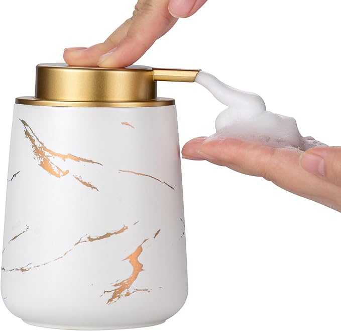 Enra Hand Foaming Gold Soap Dispenser,12 oz Ceramic Foam Soap Dispenser for Bathroom Countertop Kitchen Dispenser for Dish Soap with Easy-to-Press (Glod Foam Type2)