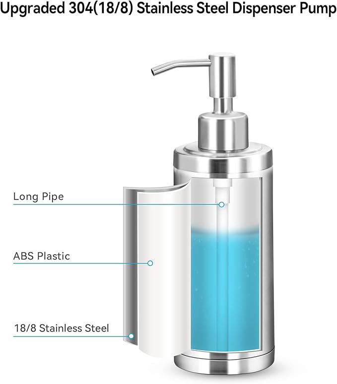 Countertop Hand Soap Dispenser, Refillable Stainless Steel Soap Pump Bottle for Bathroom & Kitchen, Free Standing - 300ml, Brushed Nickel