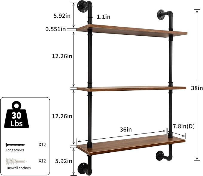 3-Tier Industrial Pipe Floating Shelf – Rustic 36 inch Wood Wall-Mounted Storage Shelf for Kitchen Office,Bathroom & Home Decor -Walnut