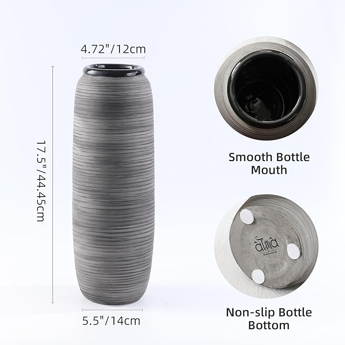 ALMA Black Tall Floor Vase for Pampas Grass, 18'' Gray Extra Large Floor Vase for Home Decor, Big Unique Ceramic Flower Vases for Living Room Floor,Fireplace,Mantel Decoration