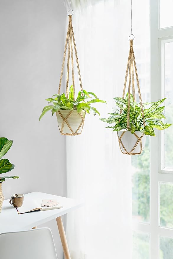 Dahey Macrame Plant Hanger Indoor Hanging Planter Basket Handmade Woven Cotton Rope Flower Pot Decorative Crochet Plant Holder Stand for Boho Home Decor No Tassels,35 Inch,Set of 2, Brown