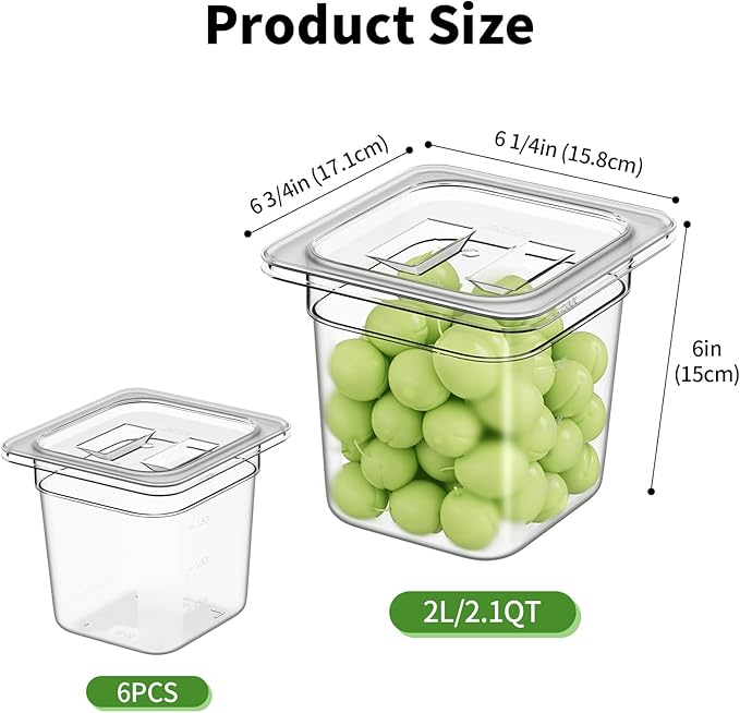 1/6 6'' 6 Pack Plastic Food Pans With Lids, Clear Food Pan, Commercial Stackable Polycarbonate Freezer-Safe for Fruits Vegetables Restaurant Kitchen