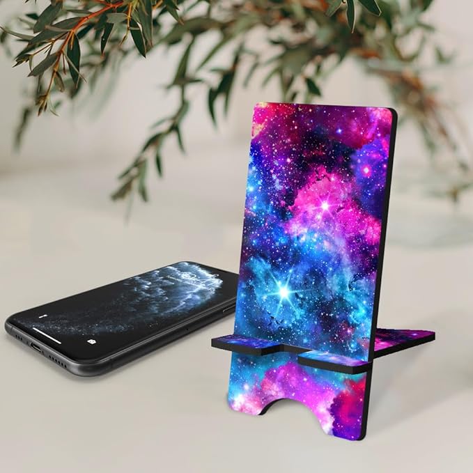 FINCIBO Cell Phone Stand Holder for Desk, Charging Stand for All Smartphones, Office Desktop Accessories Compatible with iPhone 15 14 13, Android Smartphones - Celestial Blue Purple Galaxy