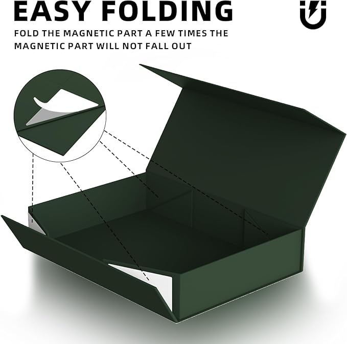 Gift Box with Lids, 11.5 x 8.5 x 2.3 In Magnetic Closure Collapsible Gift Boxes for wraps gifts of T-Shirts, Gloves, Scarves, Candy, Baby Clothes, Jewelry, Books, Comes with a Ribbon(Forest green)