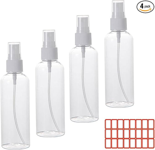 Small Spray Bottle, 4 Pack 100ml/3.5 oz Travel Clear Plastic Refillable Empty Fine Mist Spray Bottle with 24pcs Labels for Travel, Cleaning, Gardening, Skin Care