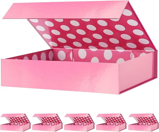 GREEN BEAN 6 Gift Boxes 11x7.8x2.3 Inches, Gift Box Pink Gift Boxes with Lids for Presents, Magnetic Closure Gift Boxes, Shirt Gift Boxes for Clothes (Glossy Metallic Pink, Polka Dot Design Inside)