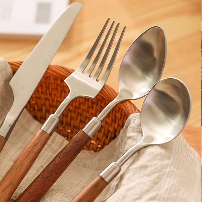 Wood Silverware Set for 16 Wooden Flatware Cutlery Utensils Set 18/10 Stainless Steel Walnut Handle 64 Piece Include Knives Forks and Spoons Tableware Set for Home Kitchen Wedding Restaurant