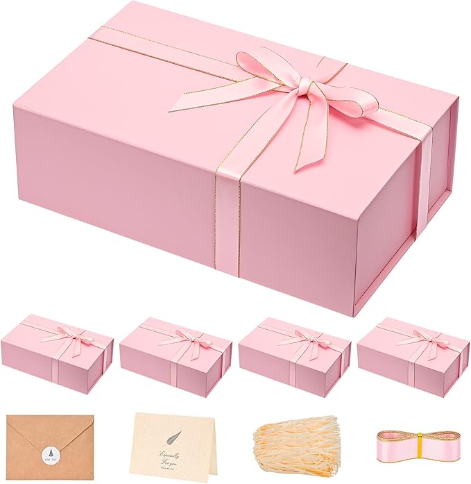 LIFELUM Pink Gift Boxes with Lids for Presents 5 Pack 13.85x8.35x4.45 Inch Gift Boxes with Ribbon,Card,Shredded Paper Filler Magnetic Gift Box for Wedding Gifts