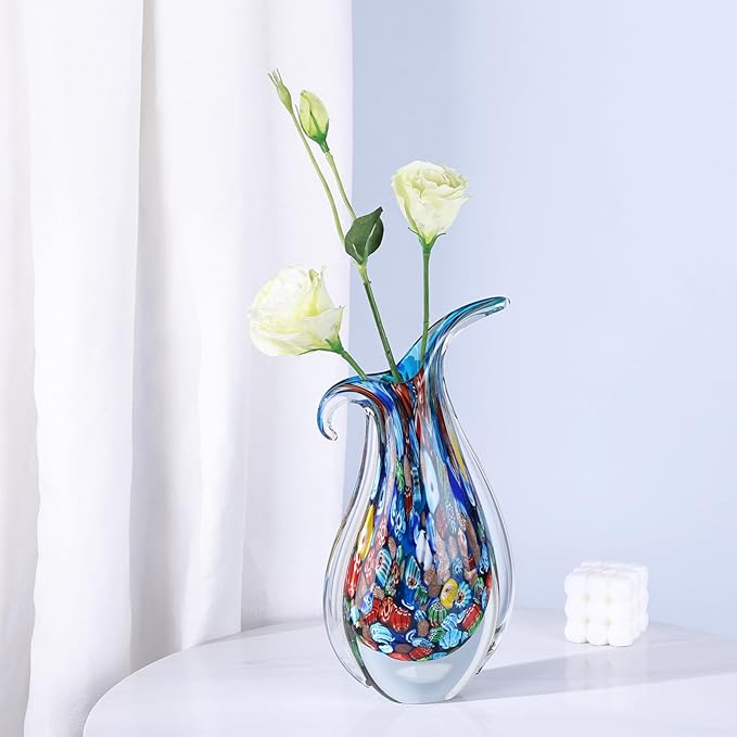 Hand Blown Glass Vase for Centerpiece, Murano Style Table Decoration, Blue Blown Art Glass Ellipse Flower Vase, Single Stem Beautiful Decor for Home, Beachy Room Decor for Home Shelf