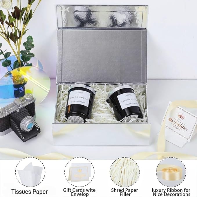 UoeRing 6 Pack Silver Gift Box 9.5x6x3 inch Small Luxury Gift Box for Presents with Magnetic Lid Collapsible,Bridesmaid Proposal,Contains Card, Ribbon, Tissue Paper,Shredded Paper Fille