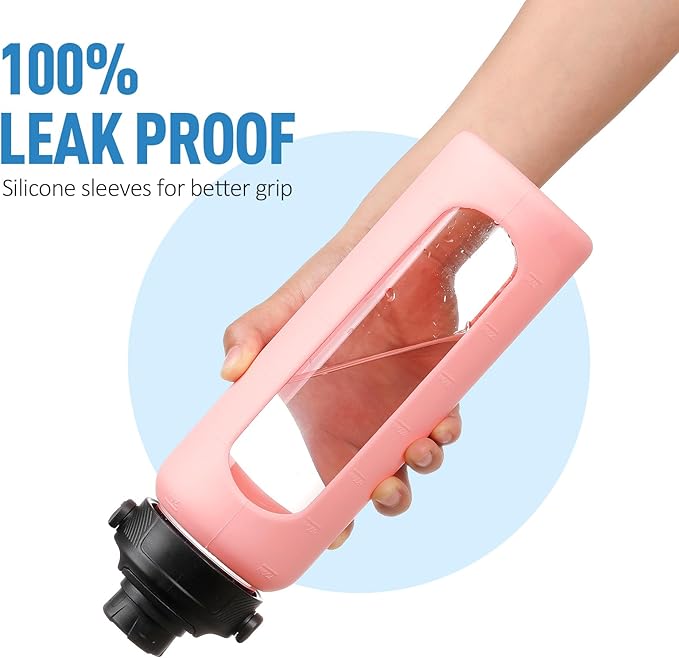 32oz Glass Water Bottle with Straw and 2 Lids- Bamboo and Spout Lid,Motivational Sports Water Bottle with Silicone Sleeve and Time Marker,Reusable for Gym, Outdoors, Pink