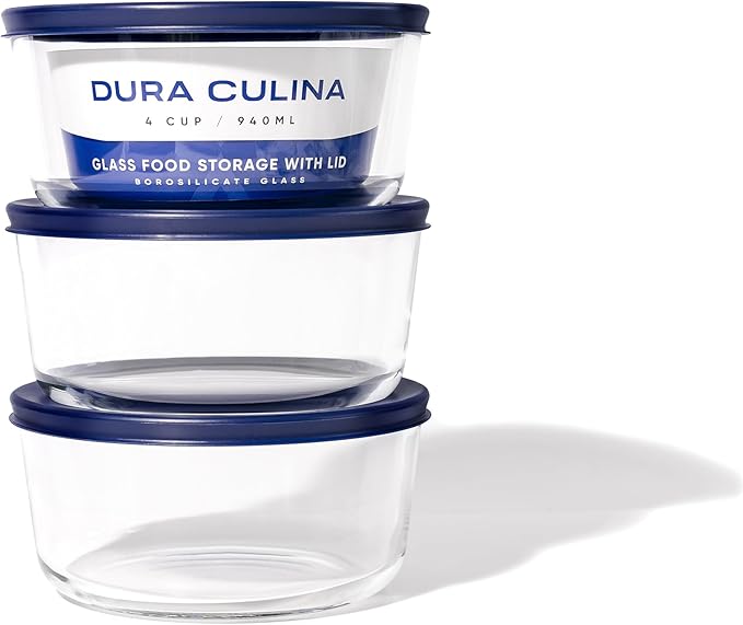DURA LIVING 6-Piece Glass Food Storage Containers Set (3 Containers + 3 BPA-Free Lids) | 4-Cup, Leakproof | Microwave, Freezer, Oven & Dishwasher Safe | Ideal for Meal Prep & Pantry Organization