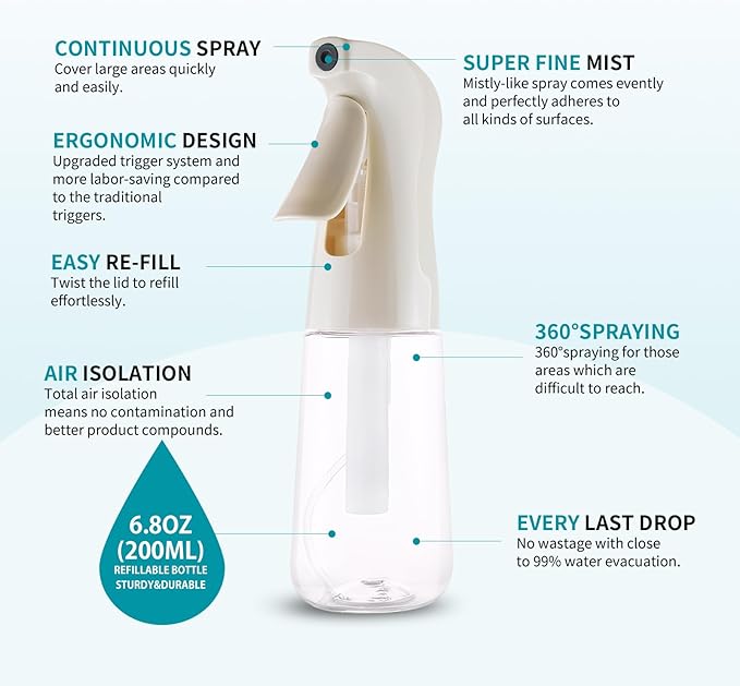 TANSHINE Continuous Spray Bottle for Hair,Ultra Fine Mist Water Hair Spray Bottles,Mister Spray Bottle,Refillable Plastic Sprayer for Hairstyling,Cleaning,Alcohol,Plants, Salons,6.8oz/200ml,Beige