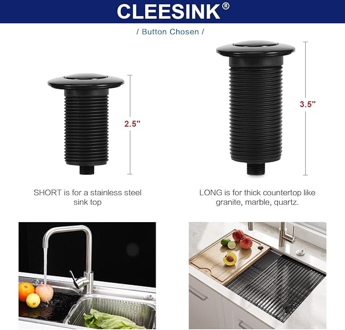 Garbage Disposal Switch, Cordless Air On Off Kit for Food Waste Disposer, Plastic Black, LONG 3.5" Sink Top Push Button by CLEESINK