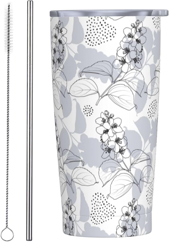 Gray flower Tumbler,Flowers 20oz Stainless Steel Insulated Travel Tumblers,Travel Coffee Mug with Lid and Straw Water Bottle Drink Tumbler Cups Gifts for Women Men Lovers