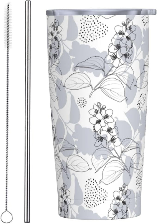 Gray flower Tumbler,Flowers 20oz Stainless Steel Insulated Travel Tumblers,Travel Coffee Mug with Lid and Straw Water Bottle Drink Tumbler Cups Gifts for Women Men Lovers