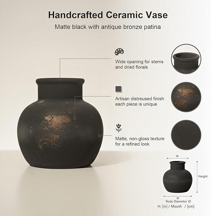 Ceramic Flower Vase, 5.5-Inch Black Pottery Rustic Farmhouse Boho Vase, Handcrafted Decorative Vase for Home Decor, Centerpieces, Table, Living Room, Mantel, Shelf