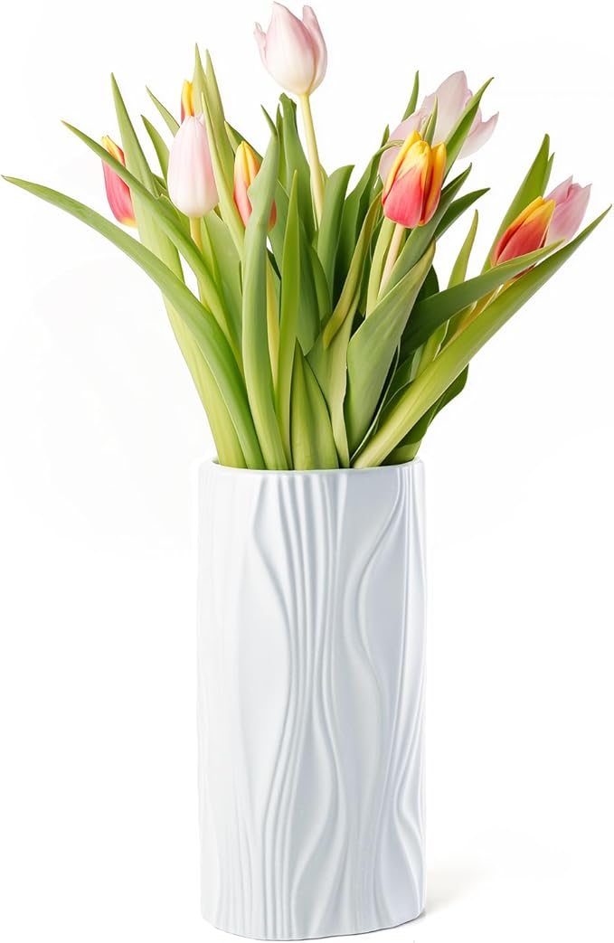 Cute White Flower Vases for Bouquet - Easter Vase - Large Ceramic Vase for Pampas Grass - Home Decor Aesthetic - Jarrones Grandes para Sala Elegantes (White)