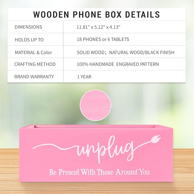 Bamboo Wood Phone Box – Unplug from Phones, Tablets, and Electronics for Study, Meetings, and Family Time, Phone Holder Organizer with Charging Holes, Farmhouse Style, Holds Up to 18 Phones-Pink