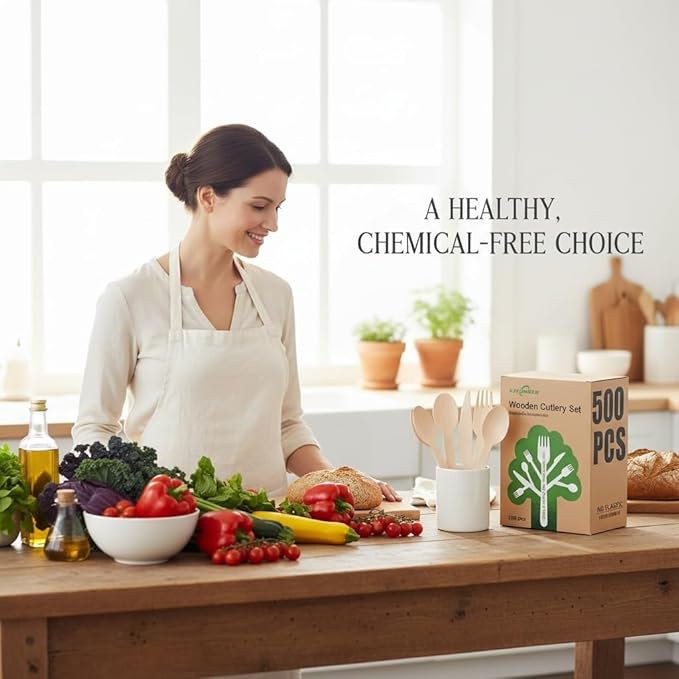 500 Pieces Disposable Cutlery, Wooden Utensils Set [200 Spoons, 200 Forks, 100 Knives] - Disposable Wooden Cutlery, Eco-Friendly Forks and Spoons, Compostable Cutlery Set Party Utensils