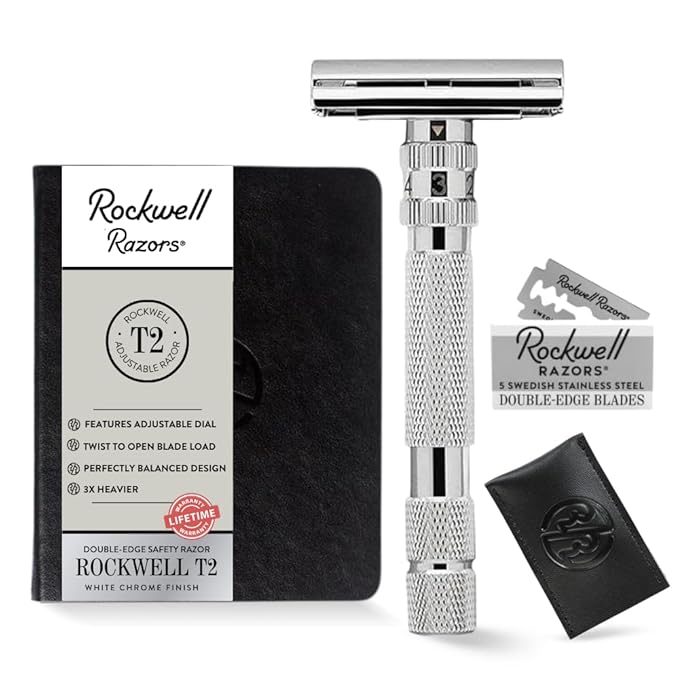 Rockwell Razors T2 Adjustable Safety Razor in White Chrome. Infinite Shave Settings for all Skin Types. Twist-To-Open Mechanism. Includes 5 Fully Recyclable Razor Blades. Built to Last a Lifetime.