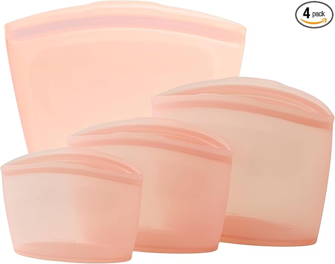 Blue Ginkgo Reusable Silicone Storage Bags – 4-Pack | Korean-Made Stand Up Food, Freezer Bags - Peach