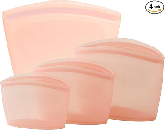 Blue Ginkgo Reusable Silicone Storage Bags – 4-Pack | Korean-Made Stand Up Food, Freezer Bags - Peach