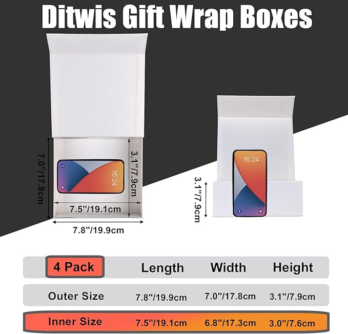 Ditwis 4 Pack 7.8x7x3.1 Inches Gift Boxes with Magnetic Closure Lids, White Magnetic Box for Wedding, Groomsmen Bridesmaid Proposal, Birthdays, Mother's Day