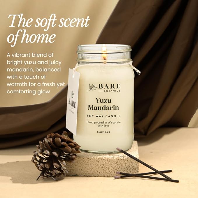 Bare Botanics Yuzu Mandarin Scented Soy Candle - Premium Candle in 16 oz Mason Jar - 100% Natural Soy Wax & Plant-Based Fragrance Oils, Softly-Scented - Handpoured in WI - 85 Hrs Long Burning