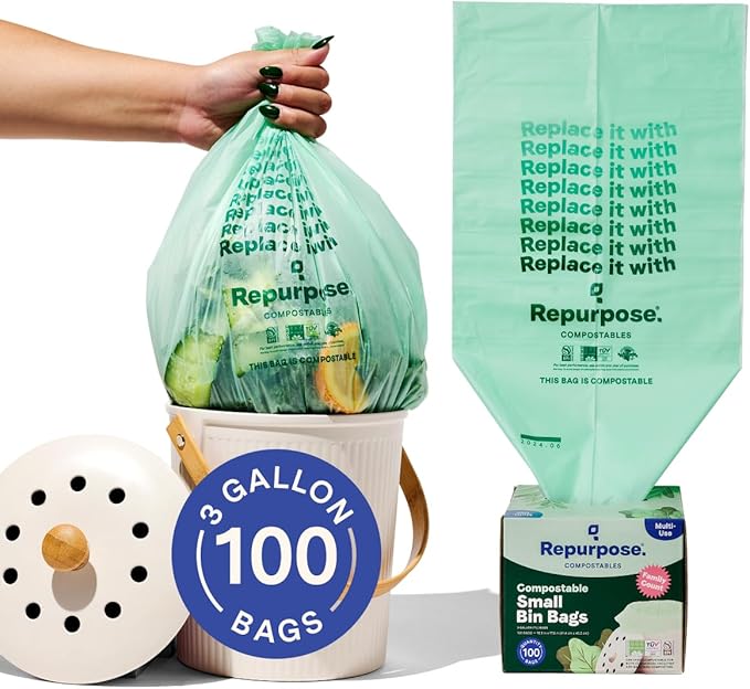 Repurpose 3 Gallon Compostable Small Bin Trash Bags, 100 Bags, BPI Certified, Leak-Proof, FDA Approved, Recyclable Packaging