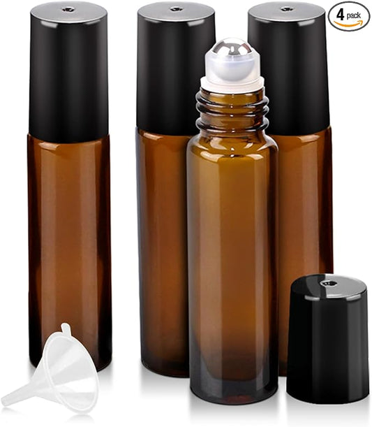4 Pack Essential Oil Roller Bottles, 10ml Refillable Amber Glass Roller Bottles with Stainless Steel Roller Balls and Caps for Travel, Perfume and Lip Gloss