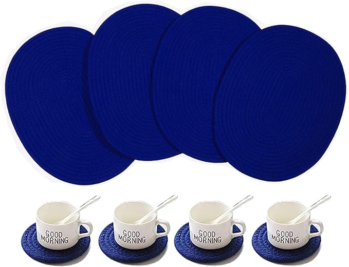 4 Pack Oval Woven Placemats, Blue Cotton Woven Plate Chargers with 4 Pack Round Coasters, Thick Heat Insulation Mats Household Table Mats Braided Bowl Mats Fabric Rustic Placemats for Dining