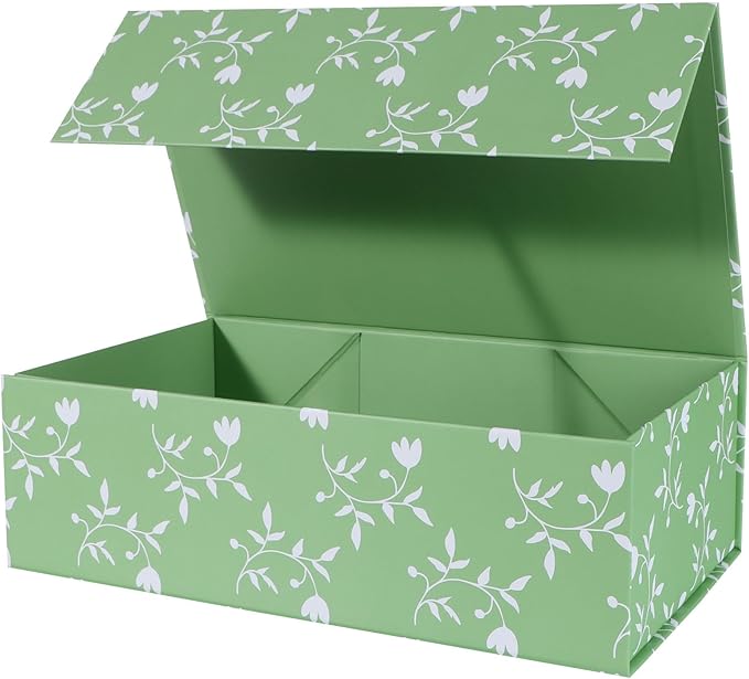 Green Leaves Gift Box with Magnetic Lids 13.8x8.3x4.4 in, Large Bridesmaid Proposal Boxes, Rectangle Wedding Decorative Storage Box 1 Pack