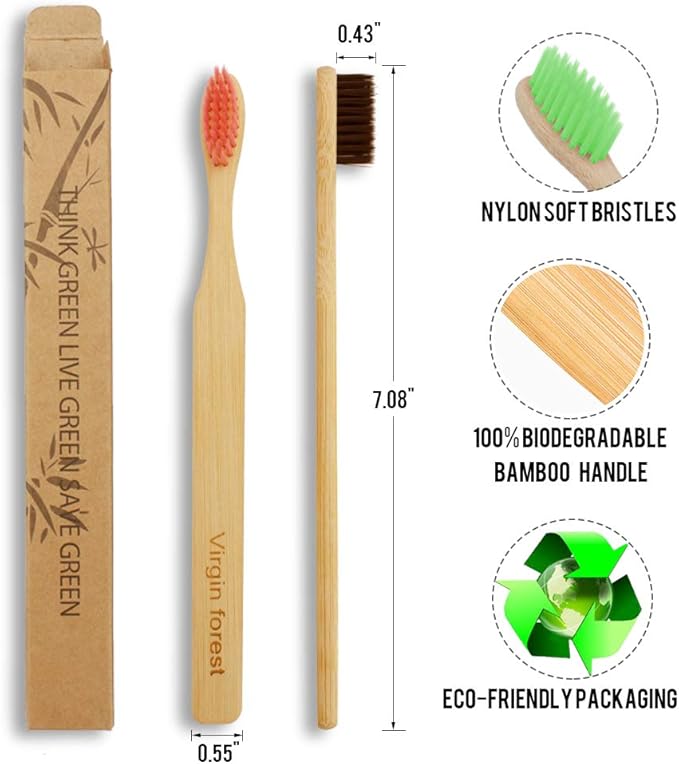 Virgin Forest 8 Pcs Bamboo Toothbrush, BPA-Free Soft Toothbrushes, Natural Eco-Friendly Biodegradable Best Travel Wood Toothbrush Set, for Sensitive Gums
