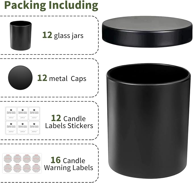 SUPMIND 12 Pack 10oz Glass Candle Jars with Lids and Sticky Labels, Empty Candle Jars for Making Candles Bulk Containers(Matte Black)