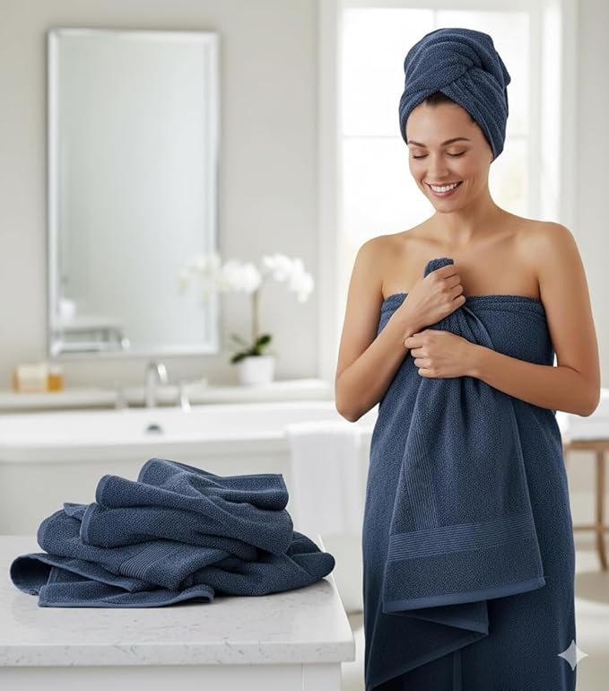 BIOLINEN Navy Bath Towels 24x48 inches 6 Pack | Ultra Soft, Highly Absorbent | 100% Cotton Towels for Bathroom, Gym, Spa, and Hotel Use