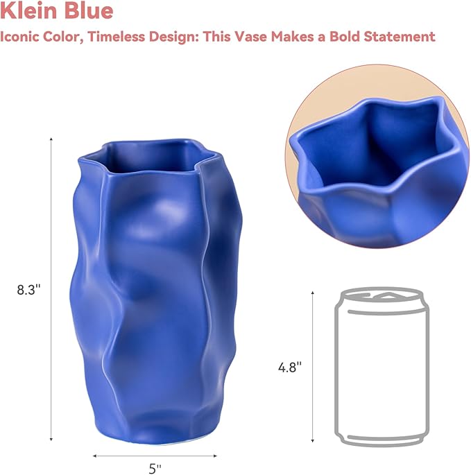 Klein Blue Ceramic Vase with Organic Wave Texture - 8.3" Unique Flower Vase for Pampas Grass & Centerpieces, Decorative Boho/Farmhouse Vase for Living Room, Office Desk & Gift for Her/Yourself