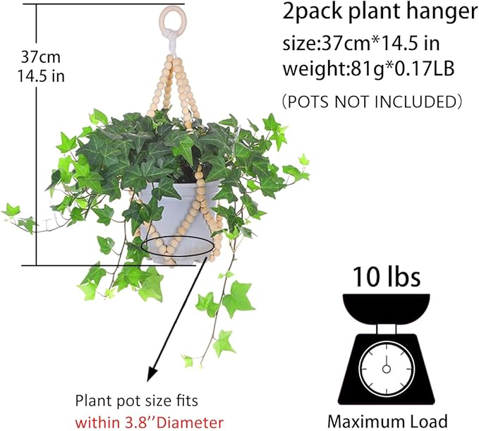 Artilady 2 Pack Beaded Plant Hanger Indoor - Macrame Hanging Planters for Plants Holder No Tassels with Wooden Beads Boho Farmhouse Rustic Home Decor